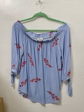 Olive & Oak Light Blue Striped Off-Shoulder Top with Red Floral Accents  Boho